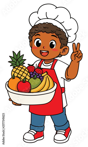 Cute Dark Skinned Boy Chef Holding Fruit Bowl Giving Peace Sign Vector Illustration