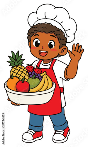 Happy Dark Skinned Boy Chef Holding Fruit Bowl and Waving Hello Vector Illustration