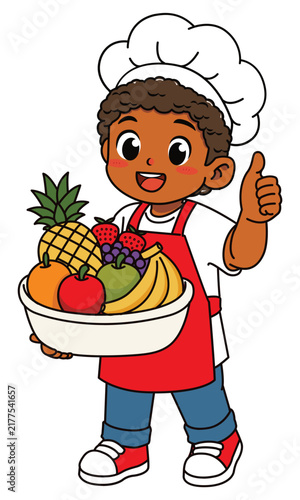 Happy Dark Skinned Boy Chef Holding Fruit Bowl Giving Thumbs Up Vector Illustration