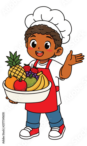 Cheerful Dark Skinned Boy Chef Holding Fruit Bowl Presenting Hand Vector Illustration