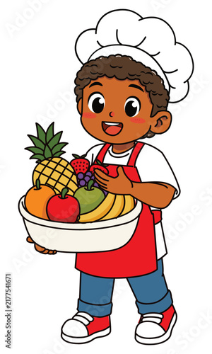 Cute Dark Skinned Boy Chef Holding and Showing Fruit Bowl Vector Illustration
