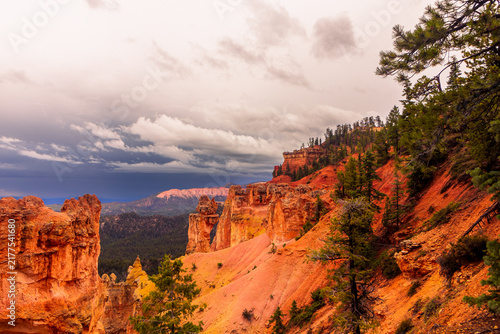 Konstfotografi Dramatic stormy sky over red hoodoos and pine forest in Bryce Canyon National Pa