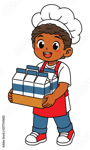 Cute Dark Skinned Boy Chef Carrying Crate of Milk Cartons Vector Illustration