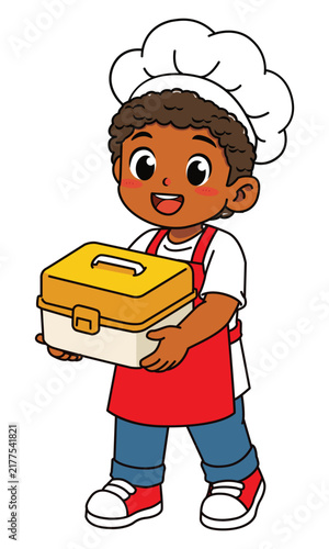Cute Dark Skinned Boy Chef Holding Lunch Box Container Vector Illustration