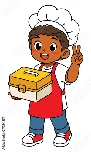 Cute Dark Skinned Boy Chef Holding Lunch Box Giving Peace Sign Vector Illustration