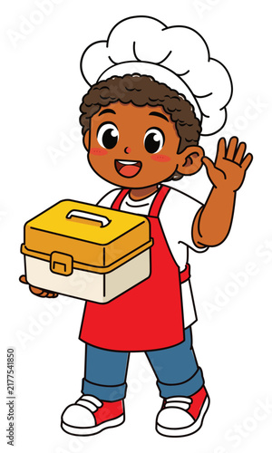 Happy Dark Skinned Boy Chef Holding Lunch Box and Waving Hello Vector Illustration