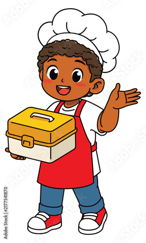 Cheerful Dark Skinned Boy Chef Holding Lunch Box Presenting Hand Vector Illustration