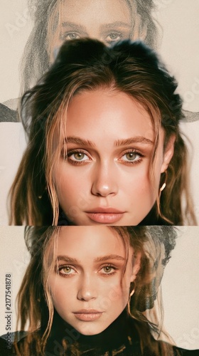 Creative Double-Exposure Portrait of a Young Woman with Artistic Overlay