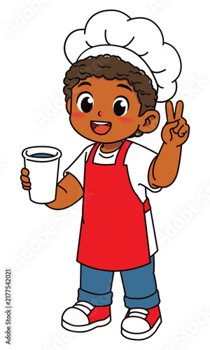 Cute Dark Skinned Boy Chef Holding Water Cup Giving Peace Sign Vector Illustration