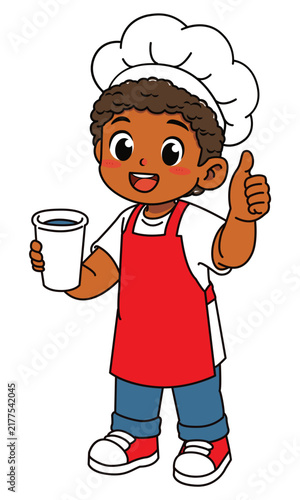 Happy Dark Skinned Boy Chef Holding Water Cup Giving Thumbs Up Vector Illustration