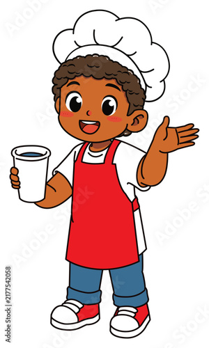 Cheerful Dark Skinned Boy Chef Holding Water Cup Presenting Hand Vector Illustration