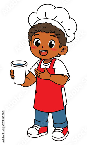 Cute Dark Skinned Boy Chef Holding and Showing Water Cup Vector Illustration