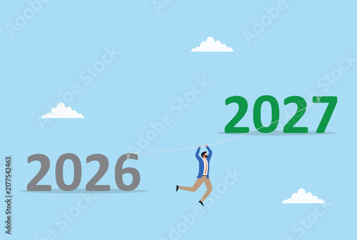 2026 to 2027 year transition concept with businessman swinging forward toward new year goals, change, growth, success, future planning and fresh start