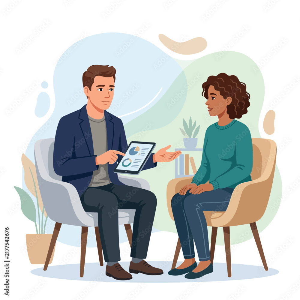 Obraz premium Business meeting illustration: diverse colleagues discussing charts on a tablet during a consultation in a modern office setting with plants and abstract shapes.