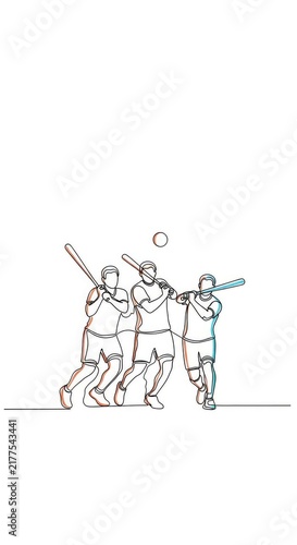 Minimalist continuous line drawing featuring three athletic silhouettes in motion, poised to strike a ball against a clean white background, league, play, soccer