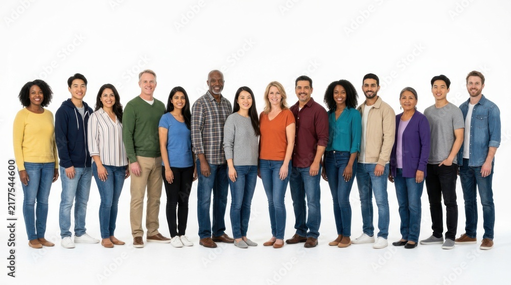 Obraz premium Diverse group of people standing in a row isolated on white background