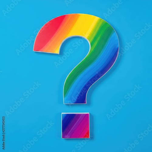 A massive, multicolored question mark stands out against a vivid cerulean backdrop, featuring bold hues and a clean, minimalist aesthetic, information, learning, graphic