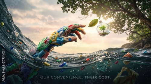 Plastic hand constructed from discarded waste material demonstrating ocean pollution, harmful ecological impact, water contamination, marine debris, global garbage threat.