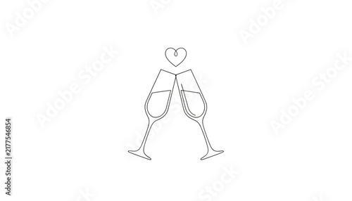 Single continuous line drawing of clinking champagne glasses with a heart, ideal for wedding and romantic anniversary.