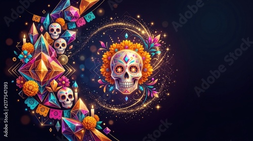 Mexican Day of the Dead sugar skull, decorated calavera, colorful marigold flower, sparkling crystal gem, traditional Dia de los Muertos festive banner, spiritual All Souls Saints celebration.