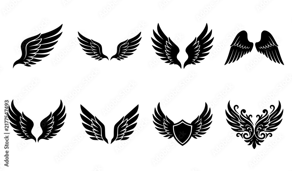 Fototapeta premium Wings Icon Set. Black Wing Badges and Vector Symbols