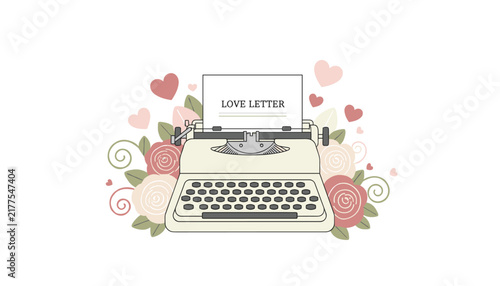 Vintage typewriter typing a love letter surrounded by pink roses, hearts, and pastel floral elements vector illustration.