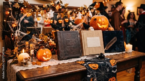 Halloween guest books with quill pen and festive party decorations