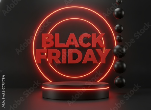 Black friday sale podium with glowing neon circular rings and floating black spheres for product display
