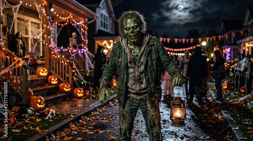 Scary green zombie walking through decorated street on Halloween night