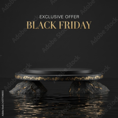 Black friday sale podium with gold details and stone base on dark water for product display and luxury promotion