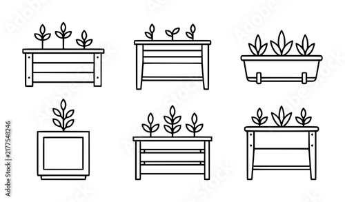 Planter box line art icon set with raised garden wooden and balcony planter outline vectors