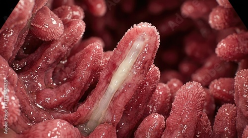Intestinal lacteal vessel filled with thick milky chyle, demonstrating deep pink mucosal villus anatomy, cross section of human lymphatic capillary, showing lipid absorption process.