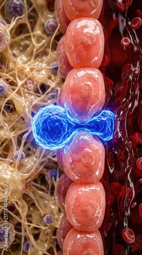 Luminescent lymphocyte transmigration, migrating across high endothelial venule wall, entering lymphatic tissue matrix, extravasation process under microscopy.