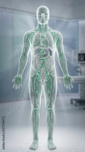 Translucent human body revealing full lymphatic system anatomy, showing green luminescent vessels, lymph node network, visceral organs, clear clinical laboratory background.