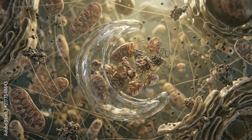 Autophagosome engulfing fragmented mitochondrion during autophagy, showing cellular recycling, organelle degradation, cytoplasmic rejuvenation, metabolic clearance.