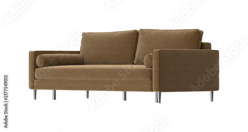 Canvas Print Modern brown velvet sofa with bolster pillows and metal legs isolated