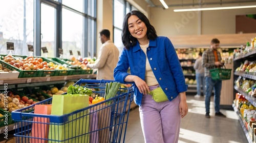 A young woman with dark hair wearing a blue jacket smiles while leaning on a blue shopping cart in a brightly lit grocery store produce aisle, with other shoppers in the background.