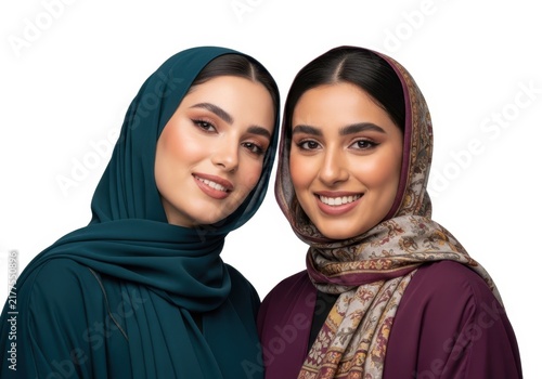 Two smiling women wearing hijabs posing together