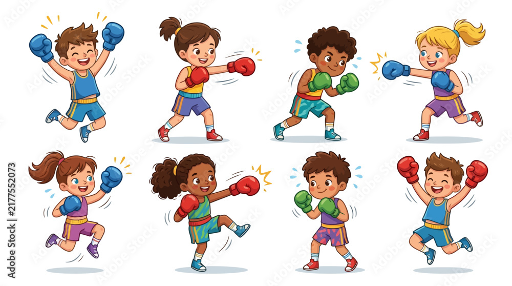Fototapeta premium Cartoon Children Boxing in Colorful Outfits.