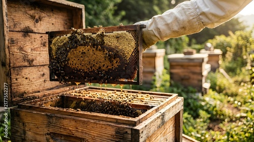 Beekeeper hand holding honeycomb frame with honey bees and dripping raw honey over wooden beehive box
