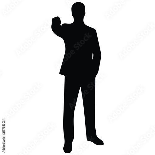 Confident businessman pointing forward while standing in formal wear vector silhouette.