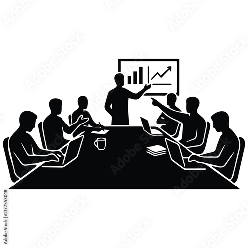 Corporate business team having meeting around boardroom table during financial presentation.