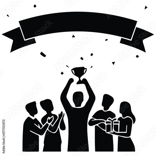 Crowd celebrating victory of winner holding trophy under festive banner vector art.