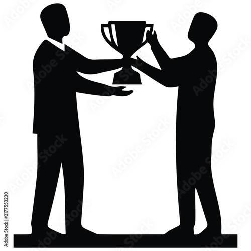 Two business partners holding trophy together as symbol of corporate victory and success.