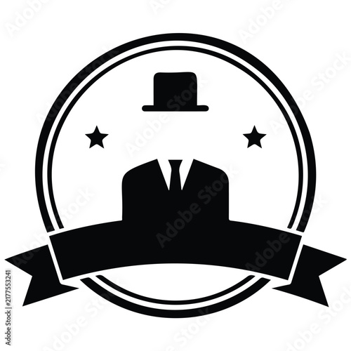 Vintage gentleman logo template with top hat suit and banner for formal dress branding.