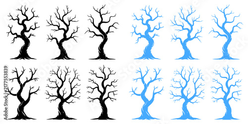 Obraz na płótnie Collection of black and blue bare tree silhouettes with gnarled branches and wid