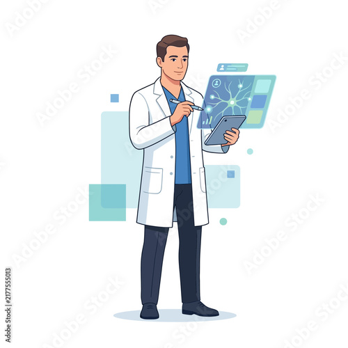 Scientist analyzing neural network data on a futuristic holographic display