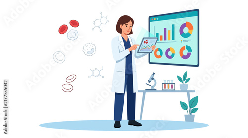 Scientist Analyzing Medical Data and Blood Cells on Digital Screen and Tablet