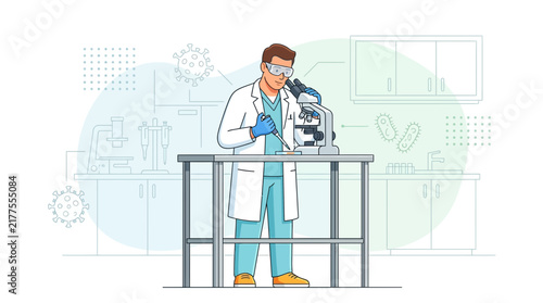 Scientist conducting research in a laboratory, examining samples under a microscope, with virus and bacteria illustrations in the background.