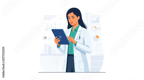 Scientist in Lab Coat Using Tablet with Data Charts Background - Vector Illustration
